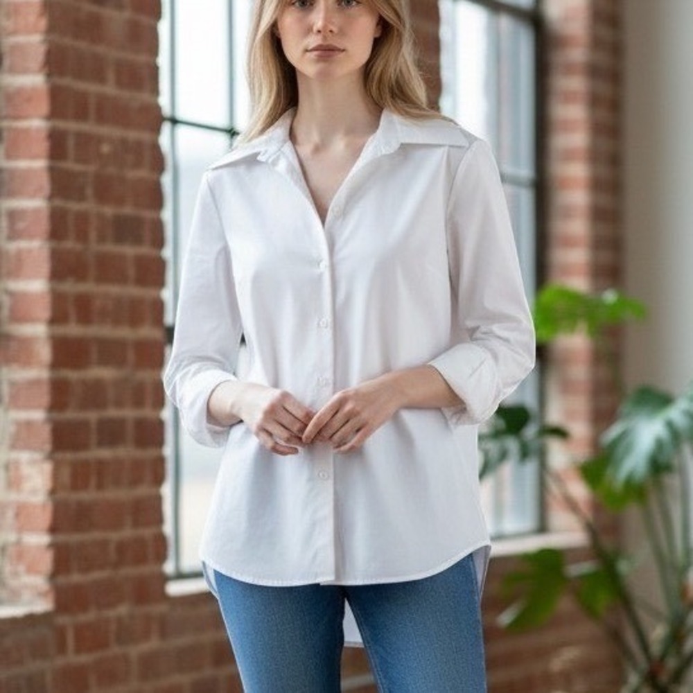 Lafayette 148 Women's S White Cotton Blend Button Down Shirt rolled cuff Shirt - Picture 2 of 8